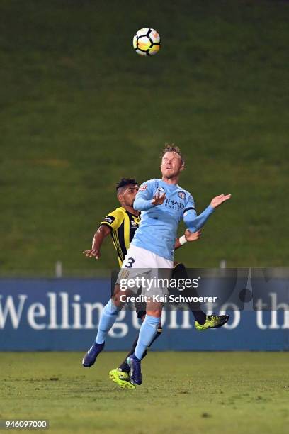 Scott Jamieson of Melbourne City makes a header during the round 27 A-League match between the Wellington Phoenix and Melbourne City FC at QBE...