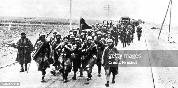 Spanish Civil War-1937 Battle of Guadaljara column Italian legionnaires marching toward the front.