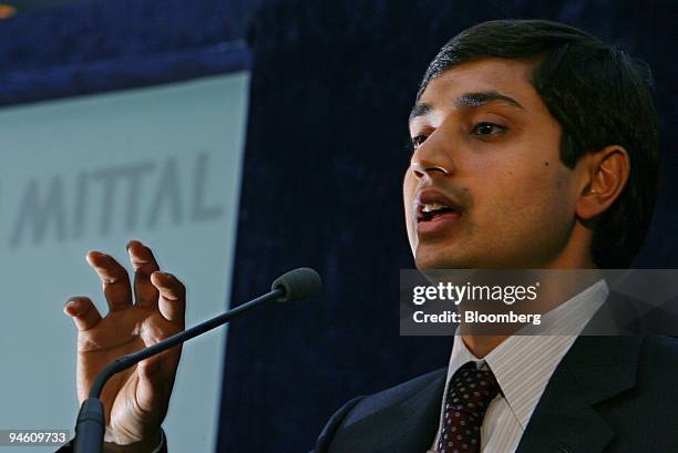 Aditya Mittal, president and chief financial officer of Mittal Steel Co., gives a presentation at a news conference, in London, June 13, 2006. Mittal...