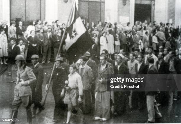 Second World War-Naples, Italy October 1943 September procession led by the Italian flag, celebrating the liberation of Naples by the Germans and the...