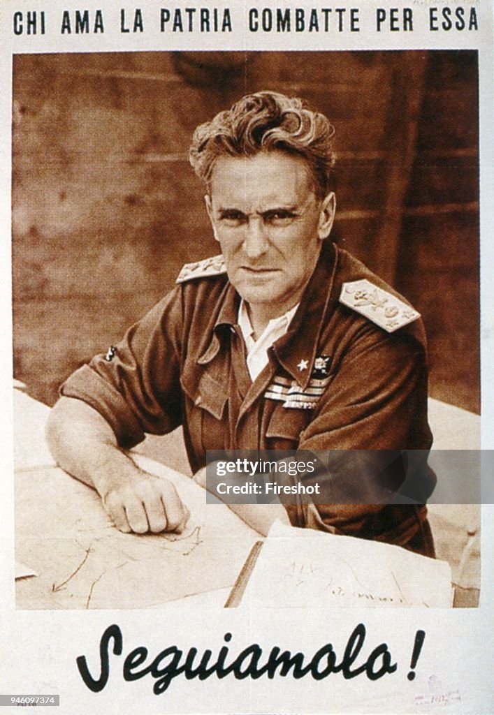 Second World War-1943 Italian Fascism propaganda poster of RSI (Social italian republic) in support of Marshal Rodolfo Graziani defense minister of the government of Mussolini from 1943