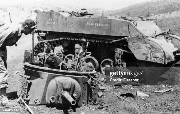 Second World War-Italy 1944 February 1944-A U. S. Tank Stuart damaged by the Germans during the attack of the 34th Division in the American zone of...