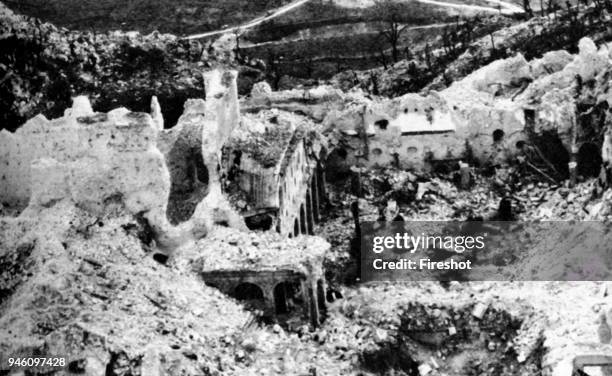 Second World War-Italy 1944. Air raid at Monte Cassino in February 1944. The Monte Cassino Abbey atop Monastery Hill February 15 1944 during and...