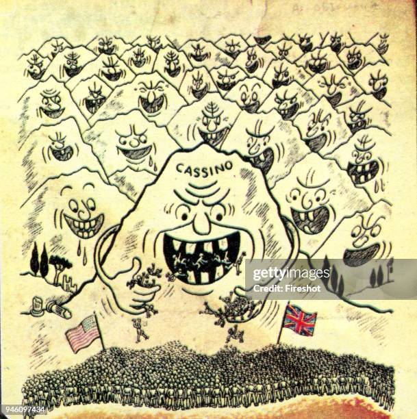 Second World War-Italy 1944 February 1944-Battle of Monte Cassino. German propaganda. Montecassino and the nearby mountains are represented as hungry...