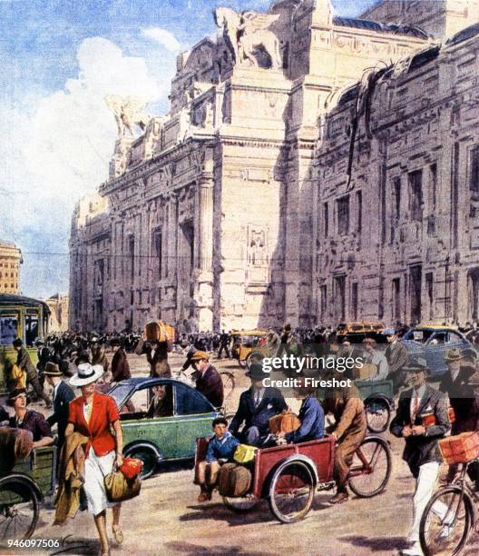 Second World War-Fascism Milan Italy in 1943 and bicycle traffic in Milan during the first months of 1943su an illustration of La Domenica del...