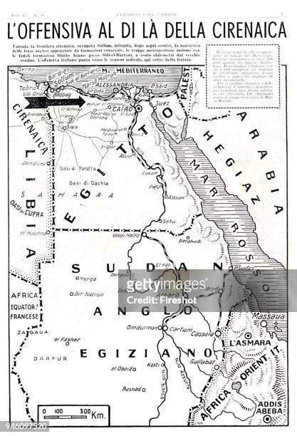 North African Campaign-Italian invasion of Egypt. Map indicating the first Italian offensive at Sidi Barrani from La Domenica del Corriere, 25 August...