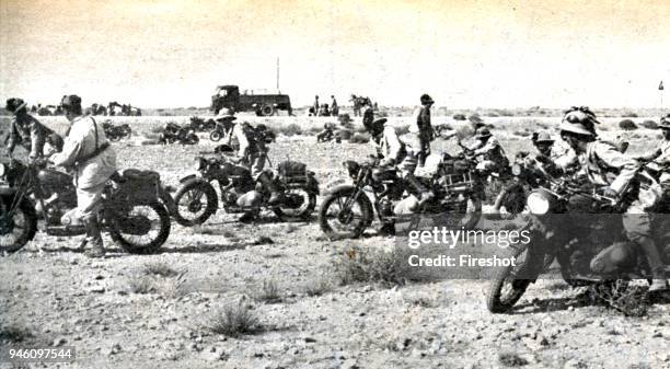 North African Campaign-Italian invasion of Egypt. Bersaglieri on motorcycle in Cyrenaica during the advance of the summer of 1940. On 13 September...