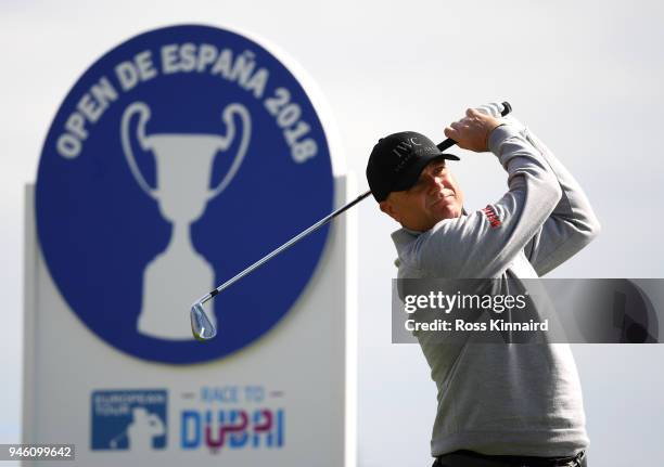 Graeme Storm of England tees off on the par three 14th hole during the third round of the Open de Espana at Centro Nacional de Golf on April 14, 2018...