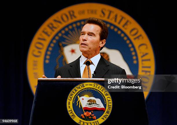 Arnold Schwarzenegger, governor of California, speaks about the state budget at a news conference in Sacramento, California, U.S., on Thursday, Jan....