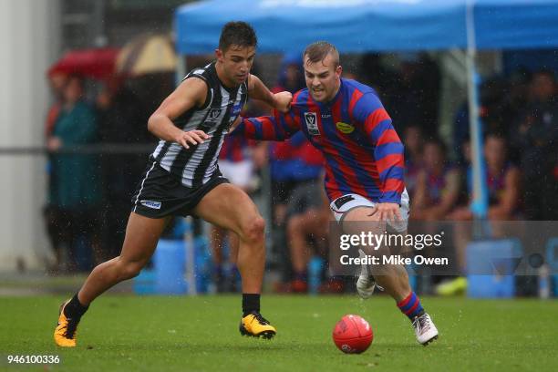 Josh Daicos of the Magpies and Blake Pearson of Port Melbourne compete for the ball during the round two VFL match between Collingwood and Port...