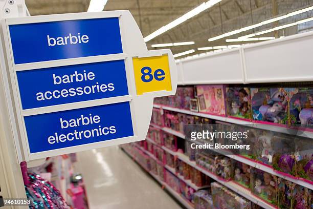 Sign for Barbie toys sits at the head of an aisle inside an Exton, Pennsylvania, Toys "R" Us store on Wednesday, September 5, 2007. Mattel Inc., the...