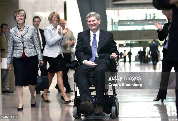 Senator Tim Johnson of South Dakota returns to his office in the Hart Office Building of the U.S. Capitol, for the first time since he suffered a...