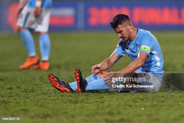 Dario Vidosic of Melbourne City reacting during the round 27 A-League match between the Wellington Phoenix and Melbourne City FC at QBE Stadium on...