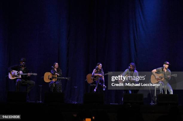 Lee Brice, Lori McKenna, Hillary Lindsey, Cary Barlowe and Kip Moore perform onstage during ACM Stories, Songs & Stars: A Songwriter's Event...