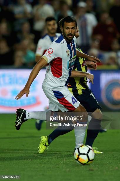 Nikolai Topor-Stanley of the Jets in action during the round 27 A-League match between the Central Coast Mariners and the Newcastle Jets at Central...