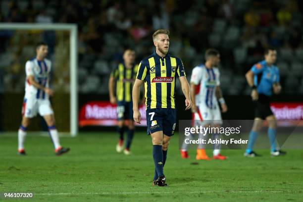 Andrew Hoole of the Mariners looks dejected after the Jets score a goal during the round 27 A-League match between the Central Coast Mariners and the...