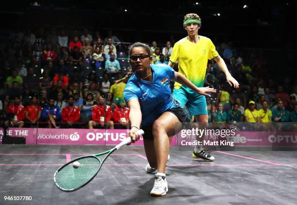 Dipika Pallikal Karthik of India competes during the Mixed Doubles Gold Medal Match between Dipika Pallikal Karthik and Saurav Ghosal of India and...