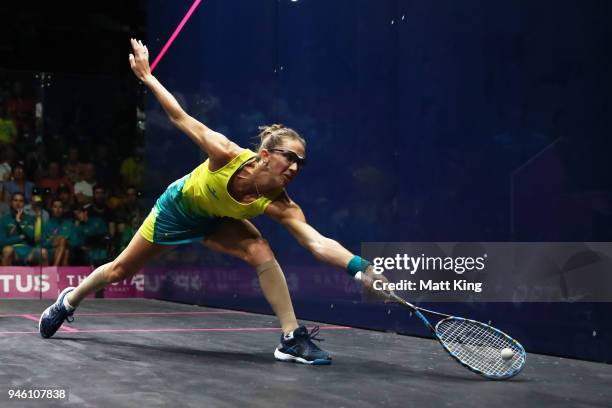 Donna Urquhart of Australia competes during the Mixed Doubles Gold Medal Match between Dipika Pallikal Karthik and Saurav Ghosal of India and Donna...