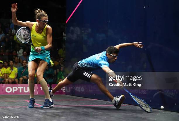 Saurav Ghosal of India competes during the Mixed Doubles Gold Medal Match between Dipika Pallikal Karthik and Saurav Ghosal of India and Donna...