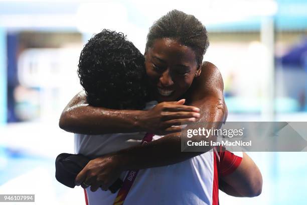 Jennifer Abel of Canada celebrates victory in the Women's 3m Springboard final during Diving on day 10 of the Gold Coast 2018 Commonwealth Games at...