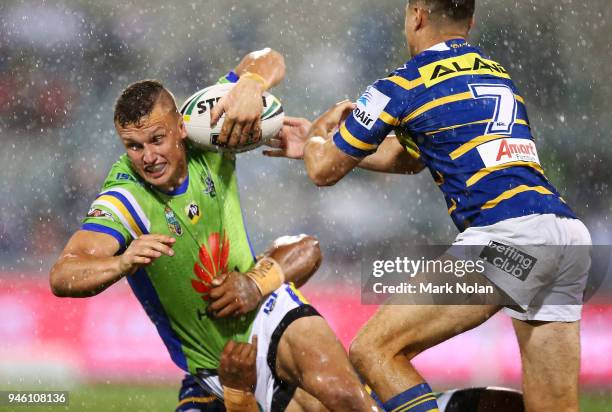 Jack Wighton of the Raiders is tackled during the round six NRL match between the Canberra Raiders and the Parramatta Eels at GIO Stadium on April...