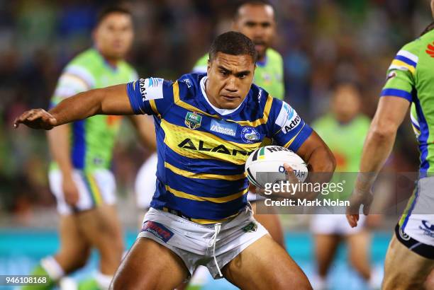 Peni Terepo of the Eels in action during the round six NRL match between the Canberra Raiders and the Parramatta Eels at GIO Stadium on April 14,...