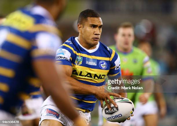 Peni Terepo of the Eels in action during the round six NRL match between the Canberra Raiders and the Parramatta Eels at GIO Stadium on April 14,...
