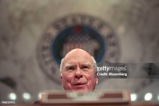 Senator Patrick Leahy of Vermont listens to Supreme Court Justice Anthony Kennedy testify at a Senate Judiciary Committee hearing on judicial...