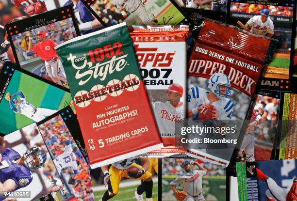 Topps trading cards are arranged for a photograph Tuesday, March 6 in Richmond, Virginia. Topps Co., the maker of baseball trading cards and Bazooka...