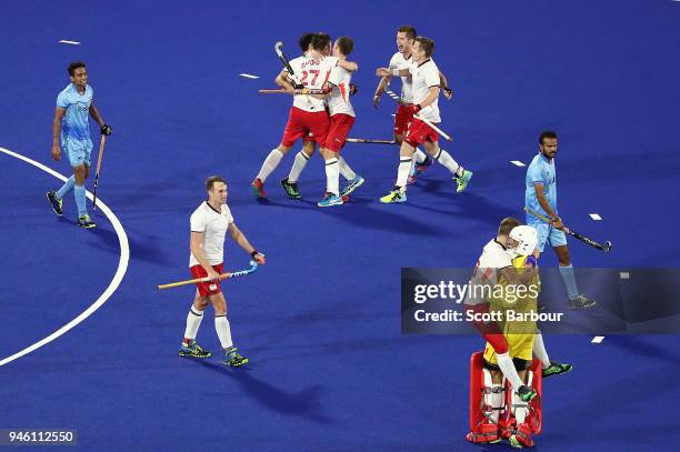 England celebrate at full time and winning the Men's Bronze Medal match between England and India during the Hockey on day 10 of the Gold Coast 2018...
