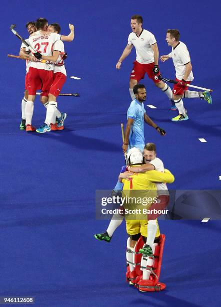 England celebrate at full time and winning the Men's Bronze Medal match between England and India during the Hockey on day 10 of the Gold Coast 2018...