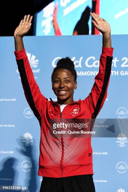 Gold medalist Jennifer Abel of Canada poses during the medal ceremony for the Women's 3m Springboard Diving Final on day 10 of the Gold Coast 2018...