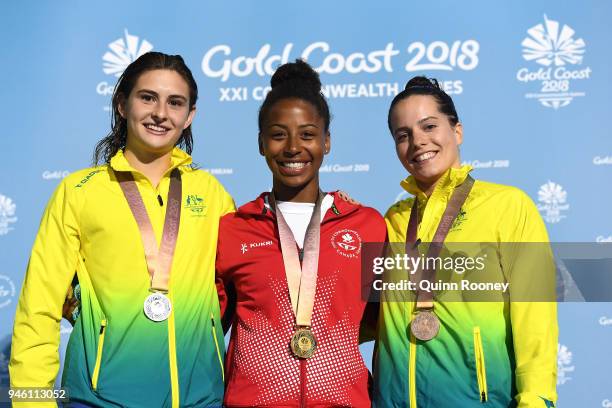 Silver medalist Maddison Keeney of Australia, gold medalist Jennifer Abel of Canada and bronze medalist Anabelle Smith of Australia pose during the...