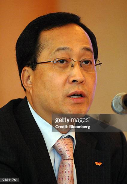 Kim Shin Bae, chief executive officer of SK Telecom Co., speaks during a news conference at the hotel Chosun in Seoul, South Korea, on Monday, June...