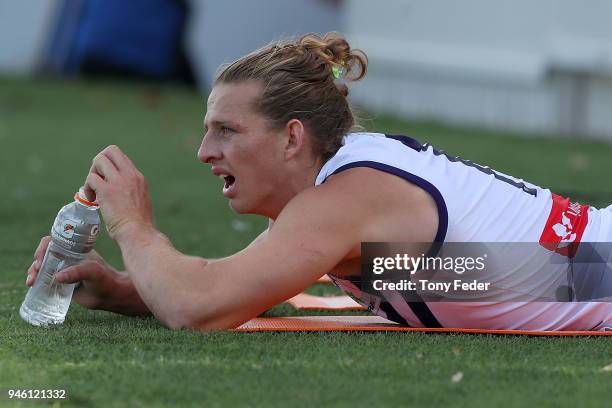 Nat Fyfe of the Dockers takes a drink during the round four AFL match between the Greater Western Sydney Giants and the Fremantle Dockers at UNSW...