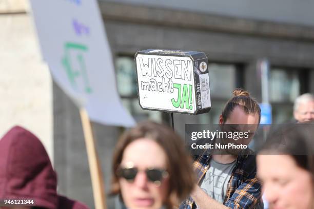 Sign saying 'Wissen macht JA!' referring to the science show for children 'Wissen macht AH!' Some hundreds of people joined the March for Science in...