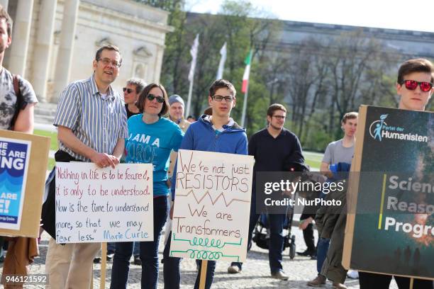 Activists with signs. Some hundreds of people joined the March for Science in Munich, Germany, on 14 April 2018. Among them there was the Pirate...