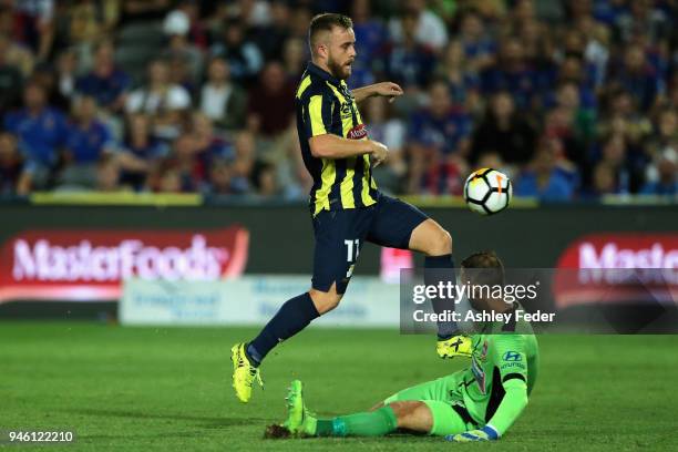 Connor Pain of the Mariners takes a shot at goal during the round 27 A-League match between the Central Coast Mariners and the Newcastle Jets at...