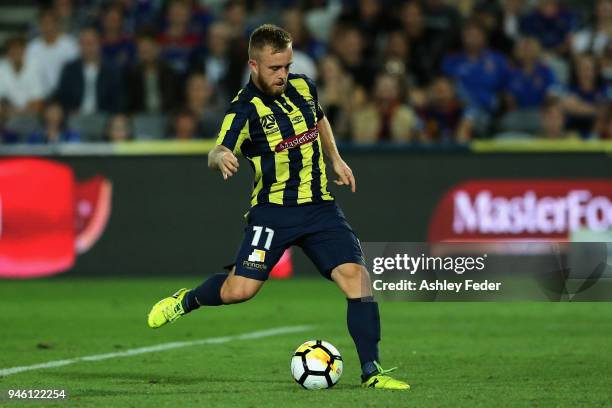 Connor Pain of the Mariners takes a shot at goal during the round 27 A-League match between the Central Coast Mariners and the Newcastle Jets at...