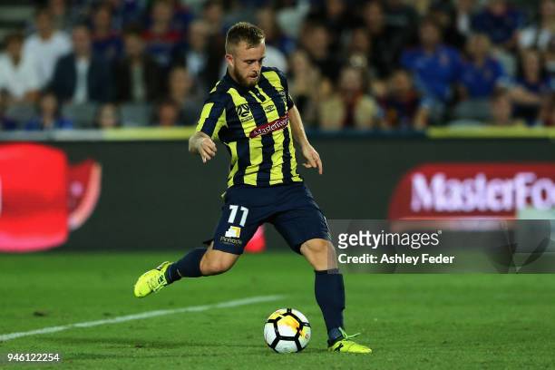 Connor Pain of the Mariners takes a shot at goal during the round 27 A-League match between the Central Coast Mariners and the Newcastle Jets at...