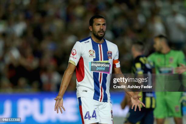 Nikolai Topor-Stanley of the Jets reacts to a decision during the round 27 A-League match between the Central Coast Mariners and the Newcastle Jets...