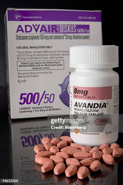 GlaxoSmithKline diabetes treatment Avandia, foreground, and asthma medicine Advair are arranged for a photograph, in Cambridge, Massachusetts on...
