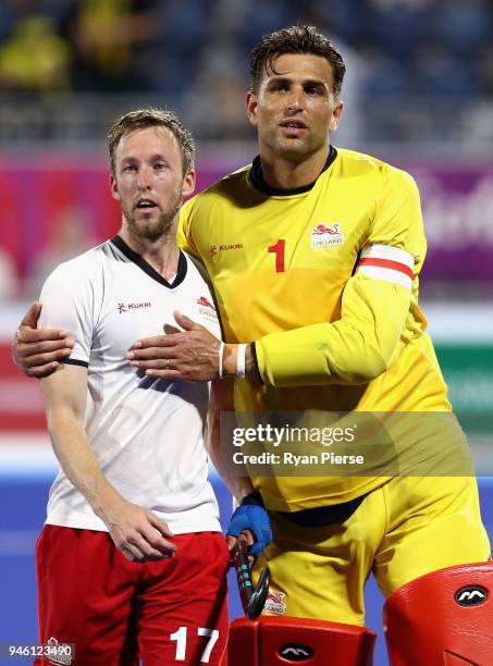 George Pinner of England and Barry Middleton of England celebrate victory following the bronze medal match between Enmgland and India during Hockey...