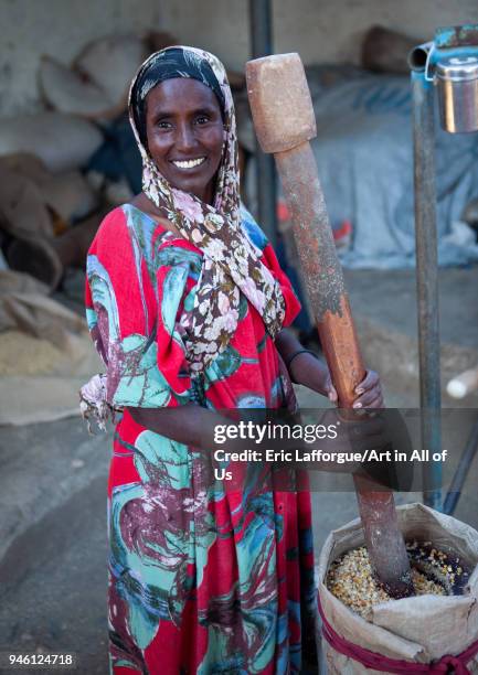 Somali woman using mortar and pestle, Woqooyi Galbeed region, Hargeisa, Somaliland on November 19, 2011 in Hargeisa, Somaliland.