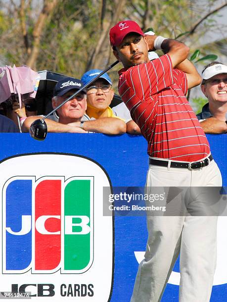 Jeev Milkha Singh of India tees off on the sixteenth hole on the first day of the Royal Trophy Golf Tournament in Chonburi, Thailand, on Friday,...