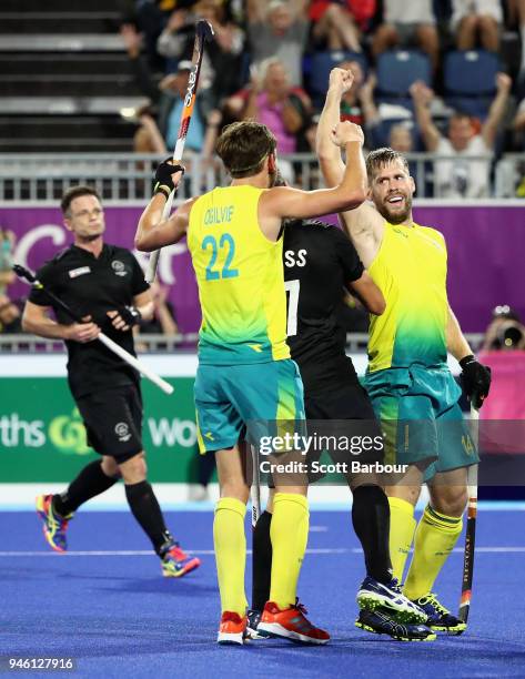 Aaron Kleinschmidt of Australia celebrates with Flynn Ogilvie of Australia after scoring his sides first goal in the Men's gold medal match between...