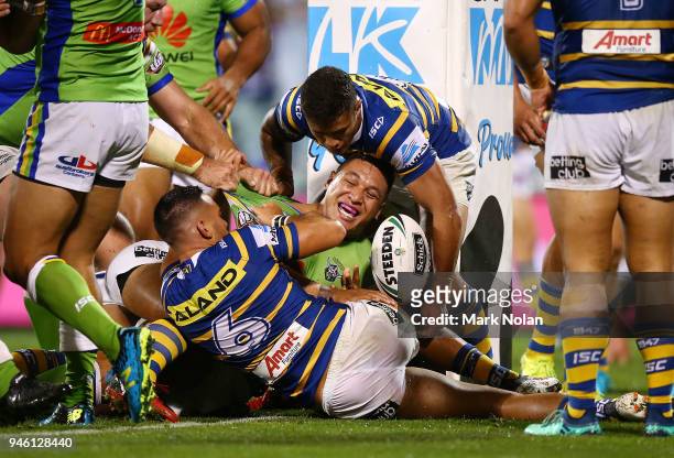 Joshua Papalii of the Raiders scores atry during the round six NRL match between the Canberra Raiders and the Parramatta Eels at GIO Stadium on April...