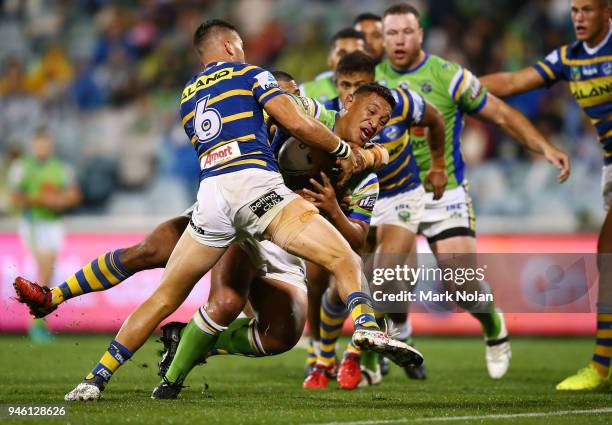 Joshua Papalii of the Raiders heads to the try line to score during the round six NRL match between the Canberra Raiders and the Parramatta Eels at...