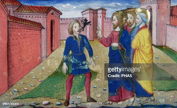 Cristofor de Premis . Italian miniaturist. Jesus healing a demoniac. Codex De Predis. . Royal Library, Turin, Italy.