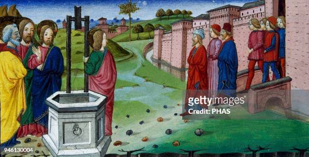 Cristofor de Premis . Italian miniaturist. Jesus converses with the Samaritans. Codex De Predis. . Royal Library, Turin, Italy.